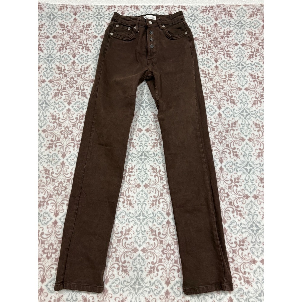 Zara Womens Chocolate Brown High Waisted Button Fly Slim Straight Jeans Size 4